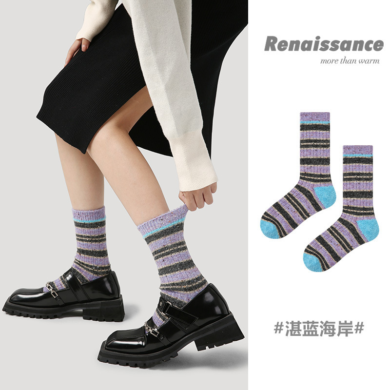 Renaissance winter original women's socks simple striped printed mid-calf length socks thickened warm wool socks for women Wholesale Renaissance winter original women's socks simple striped printed mid-calf length socks thickened warm wool socks for women Wholesale