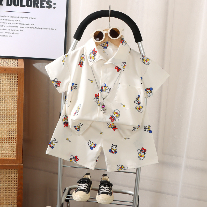 男女の子供のシャツの夏服の2025新型のかっこいい家庭のスーツの赤ちゃんのカーディガンのシャツのtシャツの半袖のズボンのスーツ|undefined