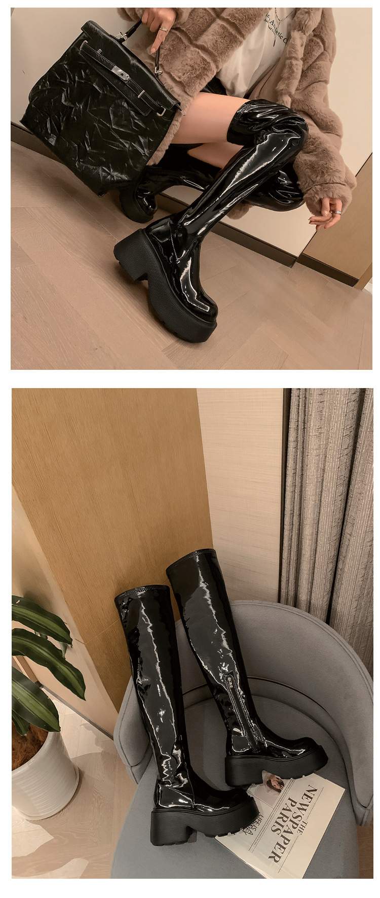 Boot nữ cổ cao ôm chân đế xuồng gót 9 cm — Lớp lót bằng da sáng chế màu đen chi tiết 8