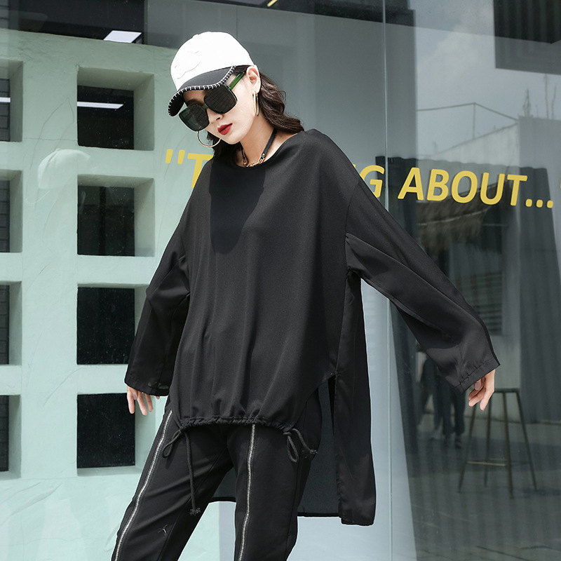European Large Edition Stitching Fashion Cross-border Supply Long Sleeve T-Shirt Women's Front Short Back Long Strap oversized Top for Women