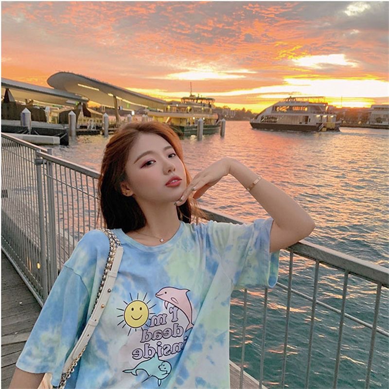 Nuevo retro universal suelto color contrastante dibujos animados camiseta de manga corta camiseta de verano femenina coreana suelta estudiantes de moda