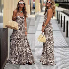 2024跨境新款亚马逊ins网红同款豹纹印花V领挂脖露背性感吊带长裙