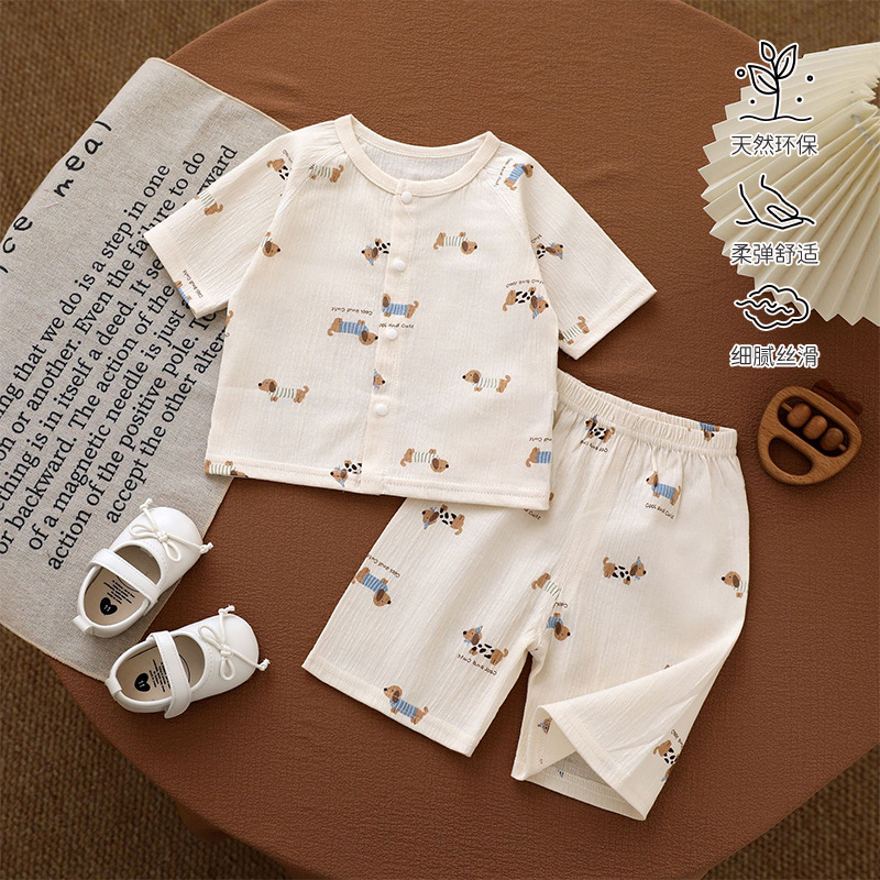 Anyang Baby and Children's Clothing, Children's Home Clothes, Wrinkled Cotton Short-Sleeved Shorts Suit, Men's and Women's Baby Pajamas, Summer Thin Style