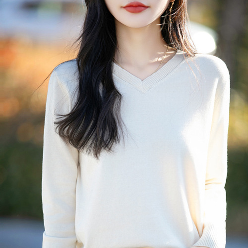 100 cotton spring new style V-neck knitted long-sleeved soft loose pullover simple solid color western style bottoming shirt for women