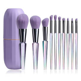跨境新款10支透明化妆刷套装配紫色pvc桶炫彩刷柄钻石水晶化妆刷