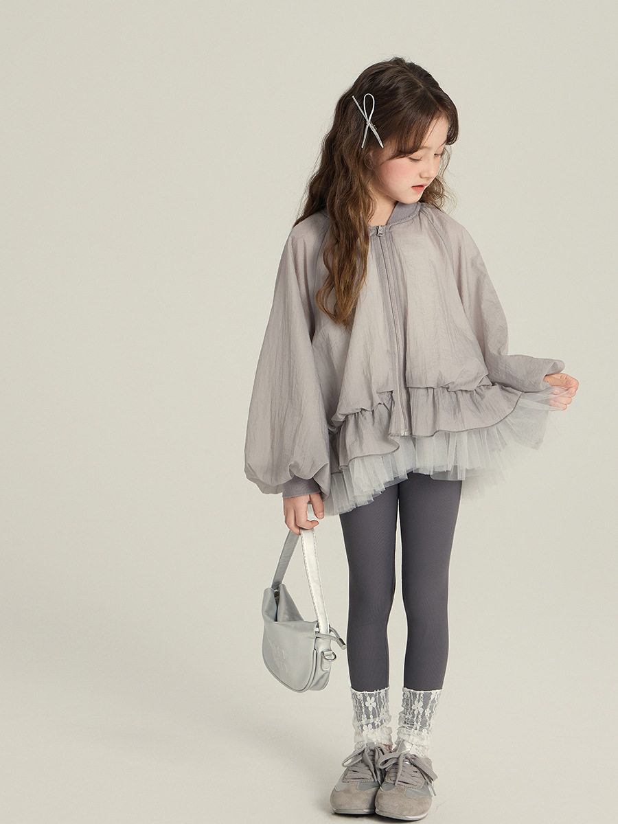 Elmo Beibei 2025 春の新スタイル中大型女の子韓国風プリンセススタイルメッシュ裾ジャケット花のつぼみトップ