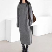 跨境2025秋冬新款直筒针织连衣裙女设计感外穿长裙慵懒风毛衣裙