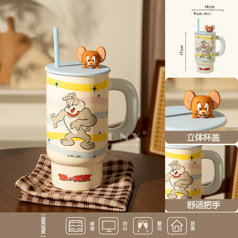 Gatos y ratones de gran capacidad con tazas de tapa copas de paja tazas de cerámica tazas de café caseras regalos para mujeres