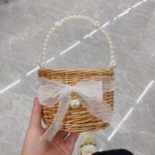 Rattan Bag Accompanying Gift Small Flower Basket for Children's Photography with Inner Bag Bucket Type Portable Willow Straw Bag