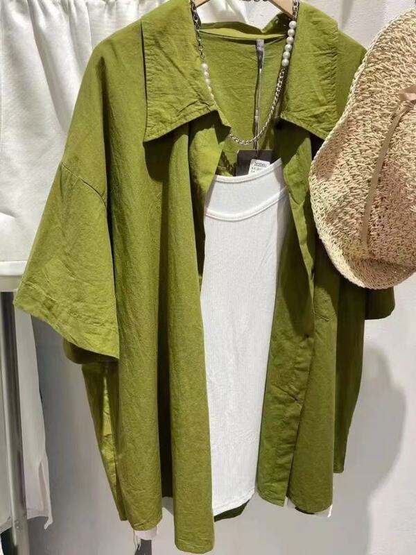 Korean Style Summer New Super White Mustard Green Shirt Short-Sleeved Women's Loose Style Versatile Slim Shirt Trendy Outer Wear