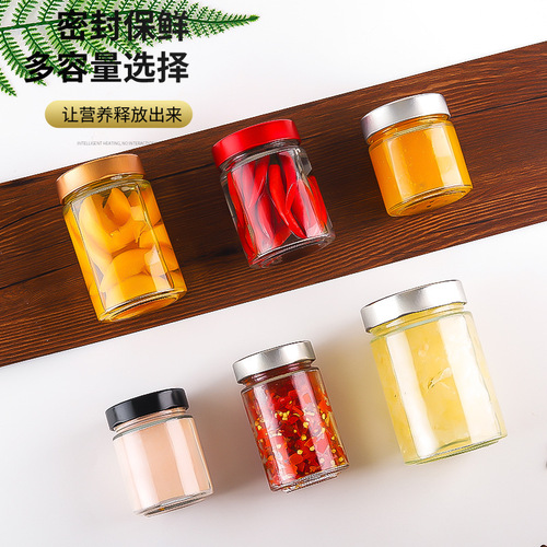 Glass sauce bottle with straight tube, round fruit jam can, spicy sauce pickled vegetable sealed bottle for wholesale