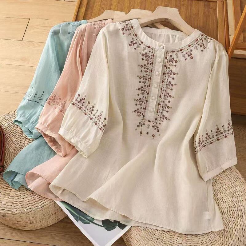 2025 Summer New Cotton and Linen Shirt Women's Retro Diamond Embroidered Pullover Temperament Casual Pullover Shirt 2025 Summer New Cotton and Linen Shirt Women's Retro Diamond Embroidered Pullover Temperament Casual Pullover Shirt