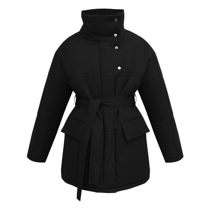 Chaqueta de algodón con cuello cruzado, estilo europeo y americano, nuevo modelo otoño-invierno 2025, cinturón elegante, longitud media irregular, entallada en la cintura, mangas largas.