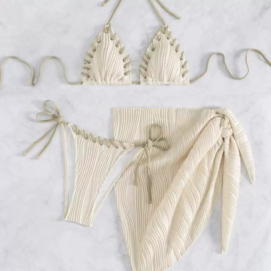 欧美外贸新款纯色三角杯绑带性感分体比基尼三件套亚马逊泳装现货