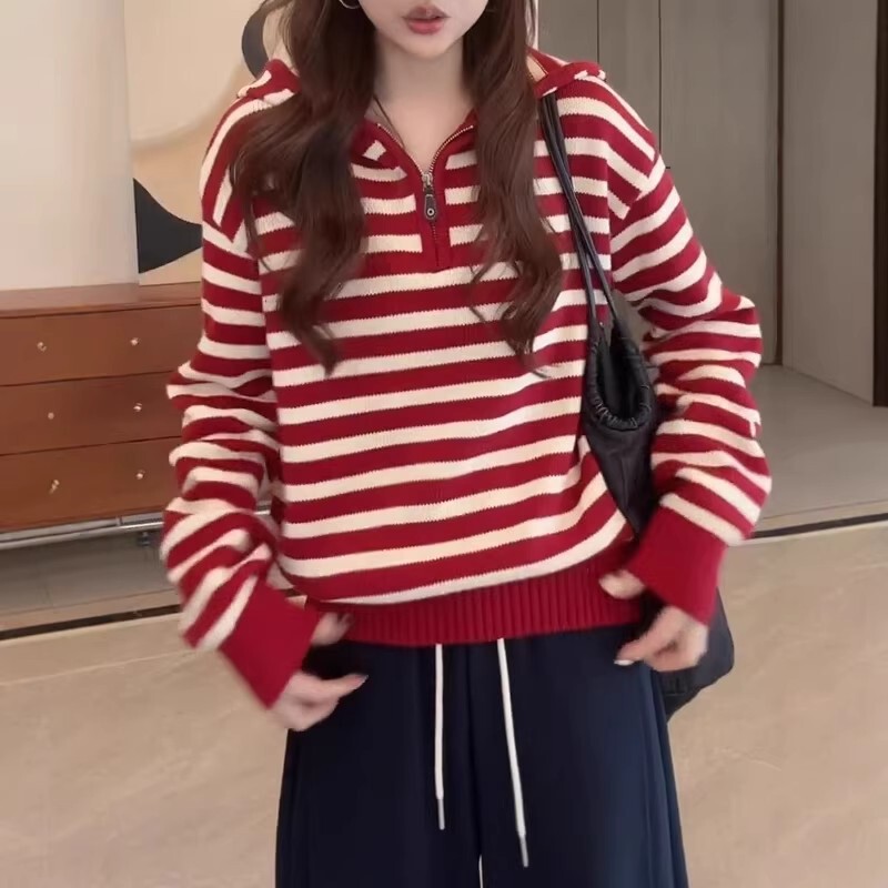 Two-tone striped half-zip hooded knit sweater for women, autumn and winter Korean style loose top