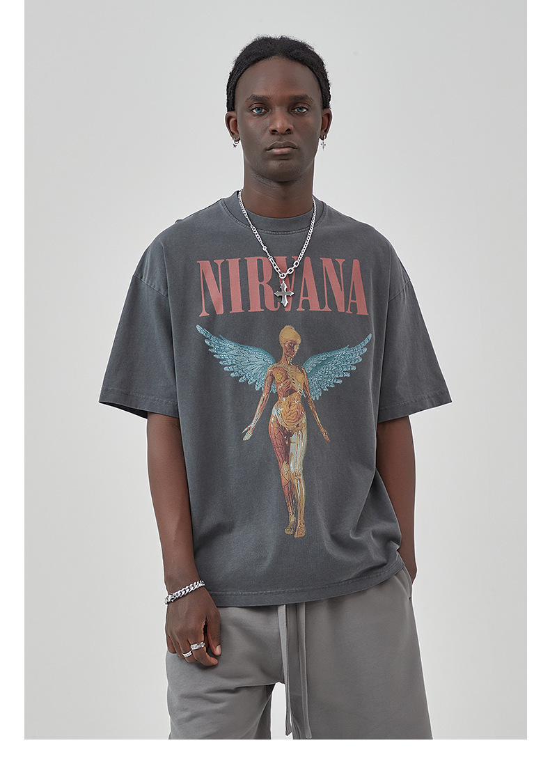 Erkek Yeni Yıkama Eski Rock Grubu Baskılı Kısa Kollu Sokak Modası Marka Yuvarlak Yaka Tişört_voghion.com