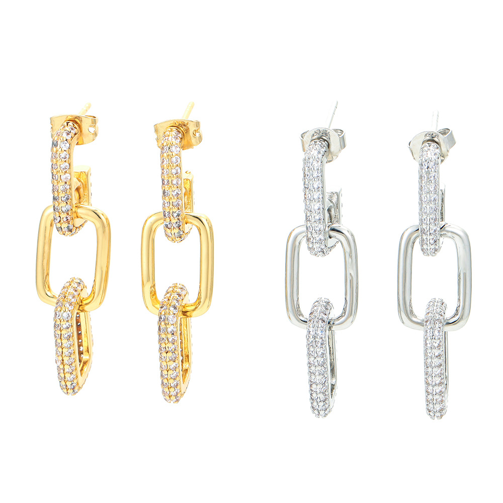 6g Weight Cross-border New Arrival Personality Double Ring Buckle Earrings Gold-plated Long Earrings For Women Micro Inlaid Zircon Fashion Hip Hop Earrings For Women