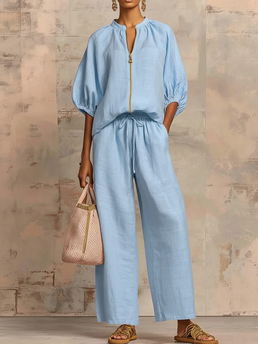 Women's Clothing Summer Women's Wide Leg Pants Set Casual Loose Fit Solid Color Zipper Round Neck Top Bottoms Outfit Style_ecoleips.com