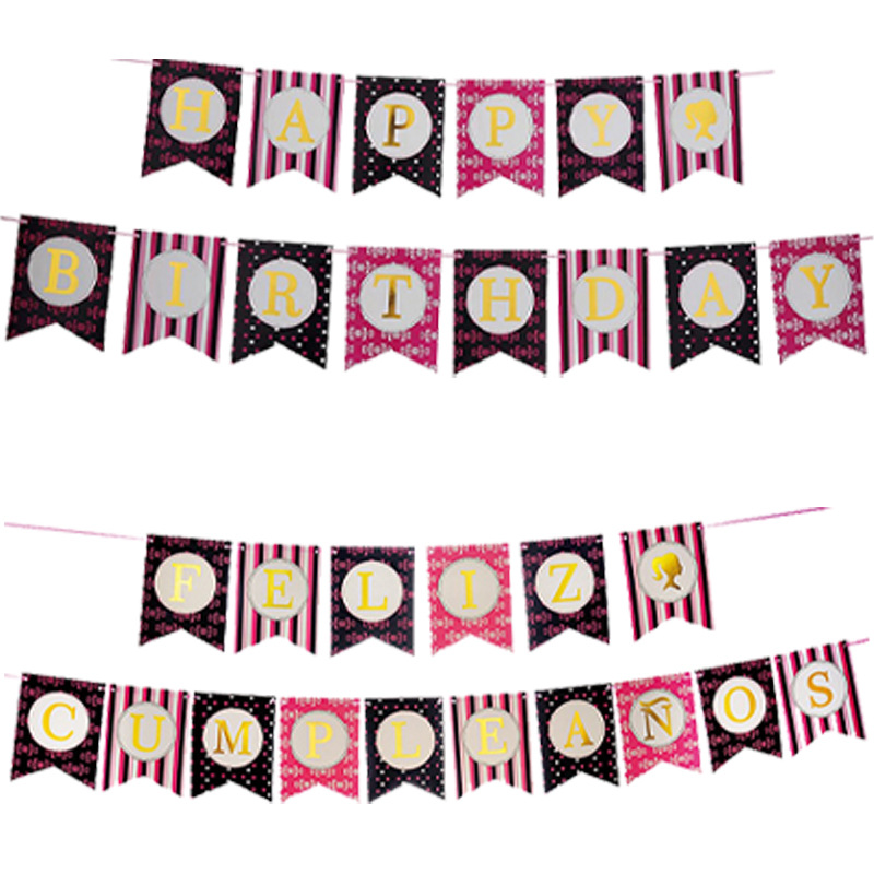 Bandera "Feliz Cumpleaños" blanco y negro