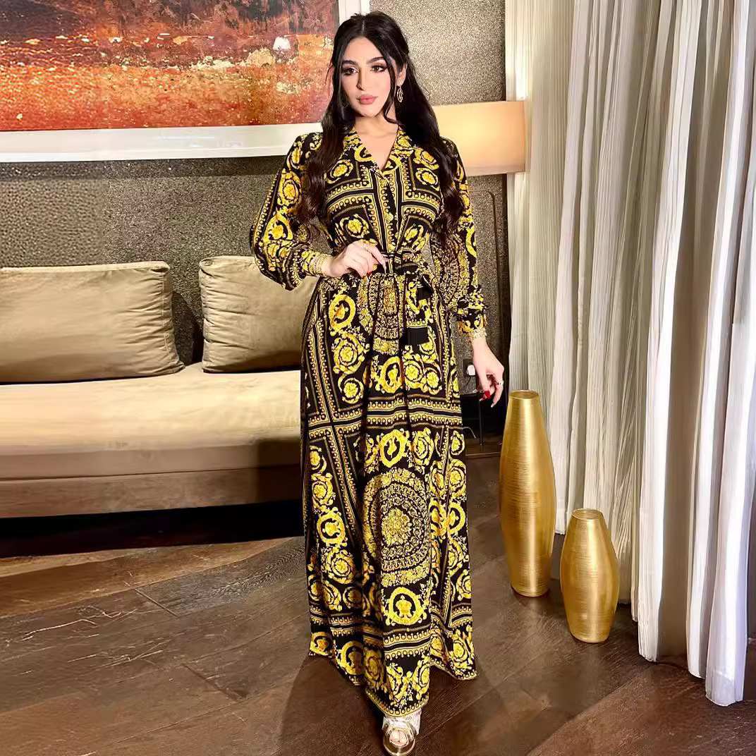 design Dress, Middle Eastern Ethnic Print Long Robe Shirt Dress For Women_ecoleips.com