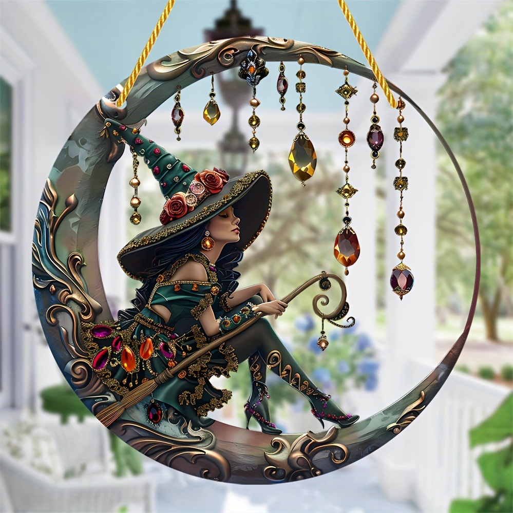 Colgante de cristal de la bruja de la luz de la luna, 'Acrílico en la pared, decoración del hogar festivo, reloj de sol,