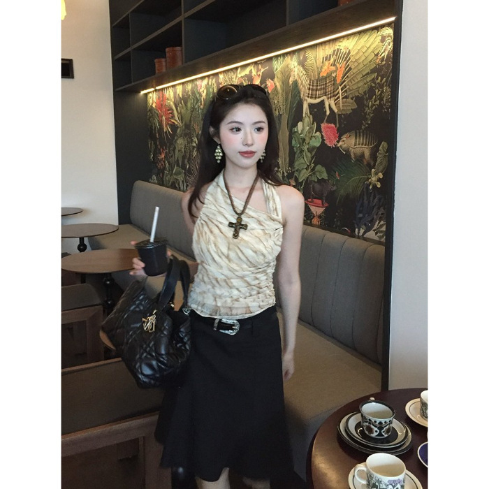 褶皱纯欲设计新款小众感美式网纱显瘦上衣背心挂脖吊带修身晕染女|undefined