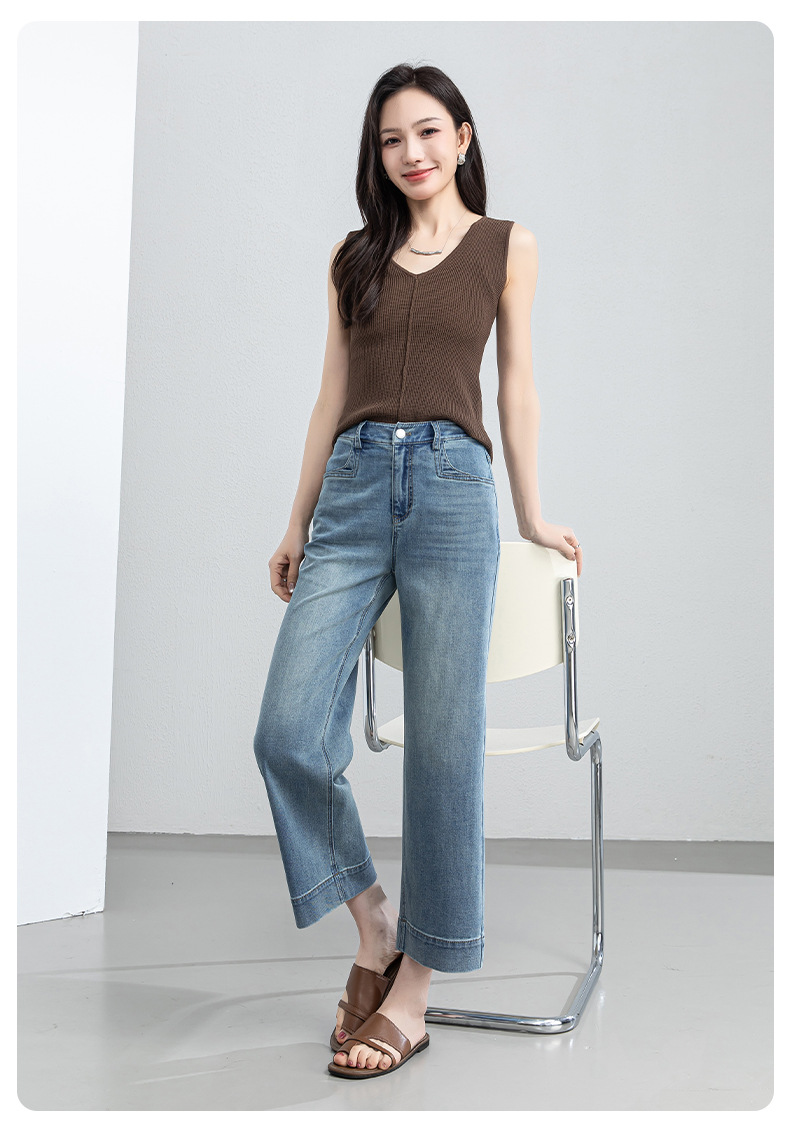 Quần jean nữ ống rộng cạp cao dáng suông mùa hè — Xanh da trờicolor chi tiết 26