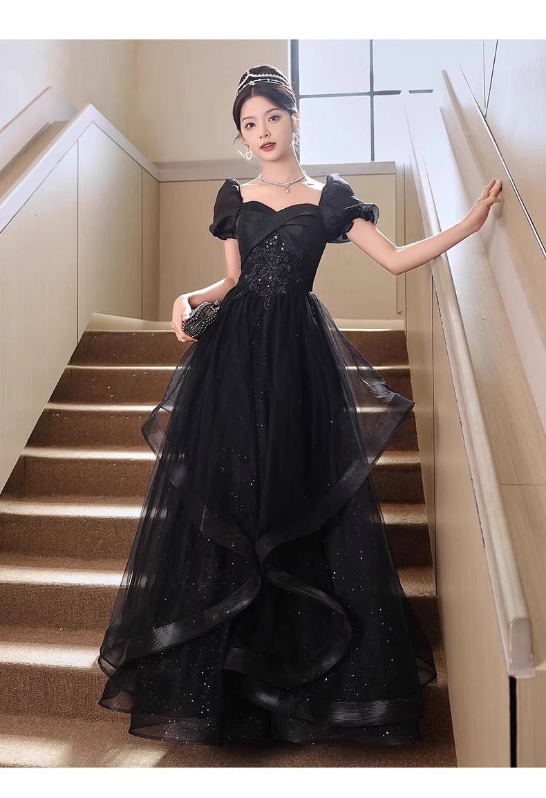 Vestido de noche negro vestido de banquete femenino temperamento lujoso ligero de alto nivel estudiante de alta gama exámenes de arte presidieron el vestido de actuación de mitzvah