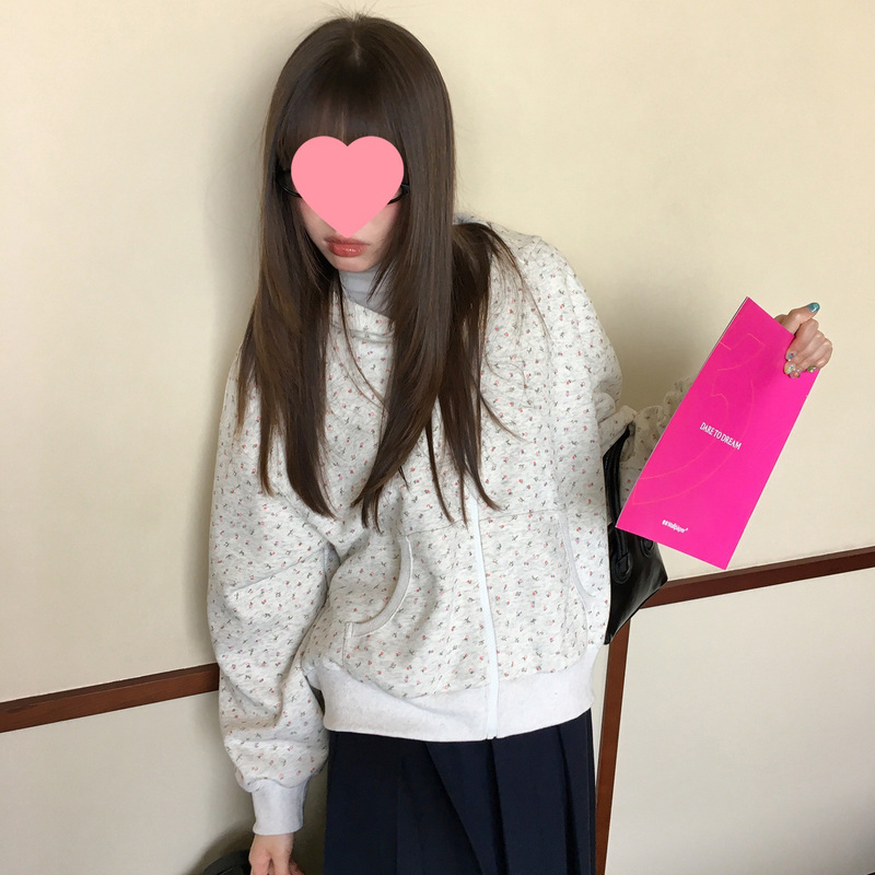 Hello Canon Small Floral Print Hooded Sweatshirt for Women Autum 2025 New Elegant Slim Casual Top Thin