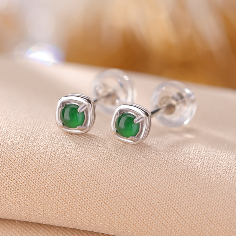 Bông tai bạc S925 mạ vàng hình nai ngọc bích retro tinh tế — Kiểu màu bạc