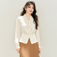 2025新款韩国气质显瘦V领亮片拼接单排扣长袖雪纺衬衫女秋季