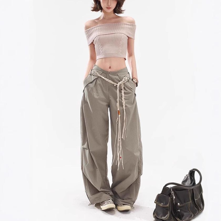 Original Design Waist and Leg Slimming Beaded Woven Belt American Style Relaxed Workwear Casual Low-Waist Wide-Leg Pants