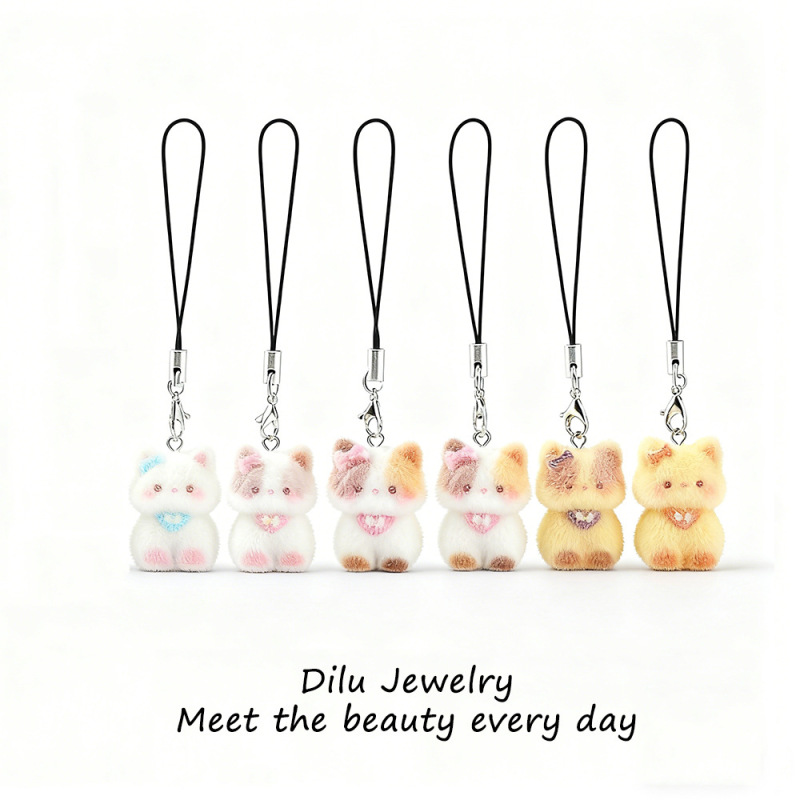 New Cartoon Cute Flocked Three-Dimensional Resin Cat Keychain Bag Pendant Phone Lanyard Gift Wholesale