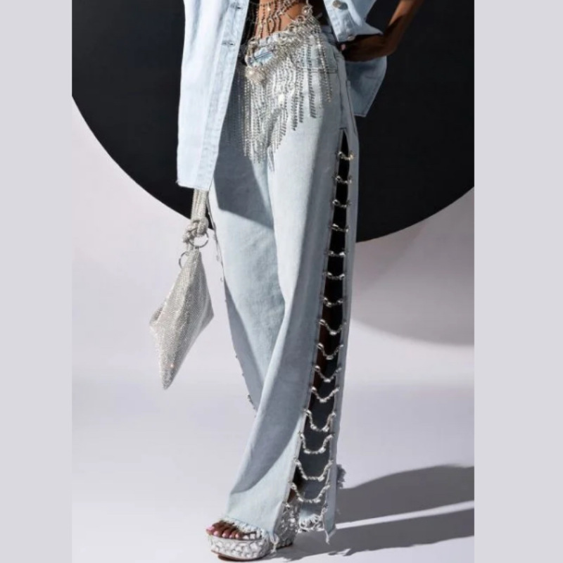 Diamond Chain Long Hot Girl Jeans Thin Women's Straight Summer Slimming Side Swing Casual Loose Wide Leg Pants