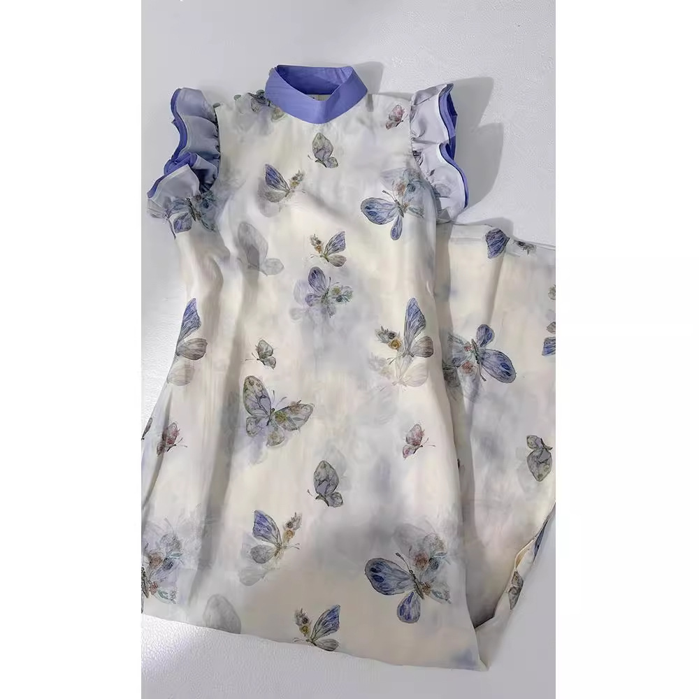 Đầm maxi nữ thắt eo tay bướm nhỏ họa tiết hoa mùa hè — Màu xanh lam