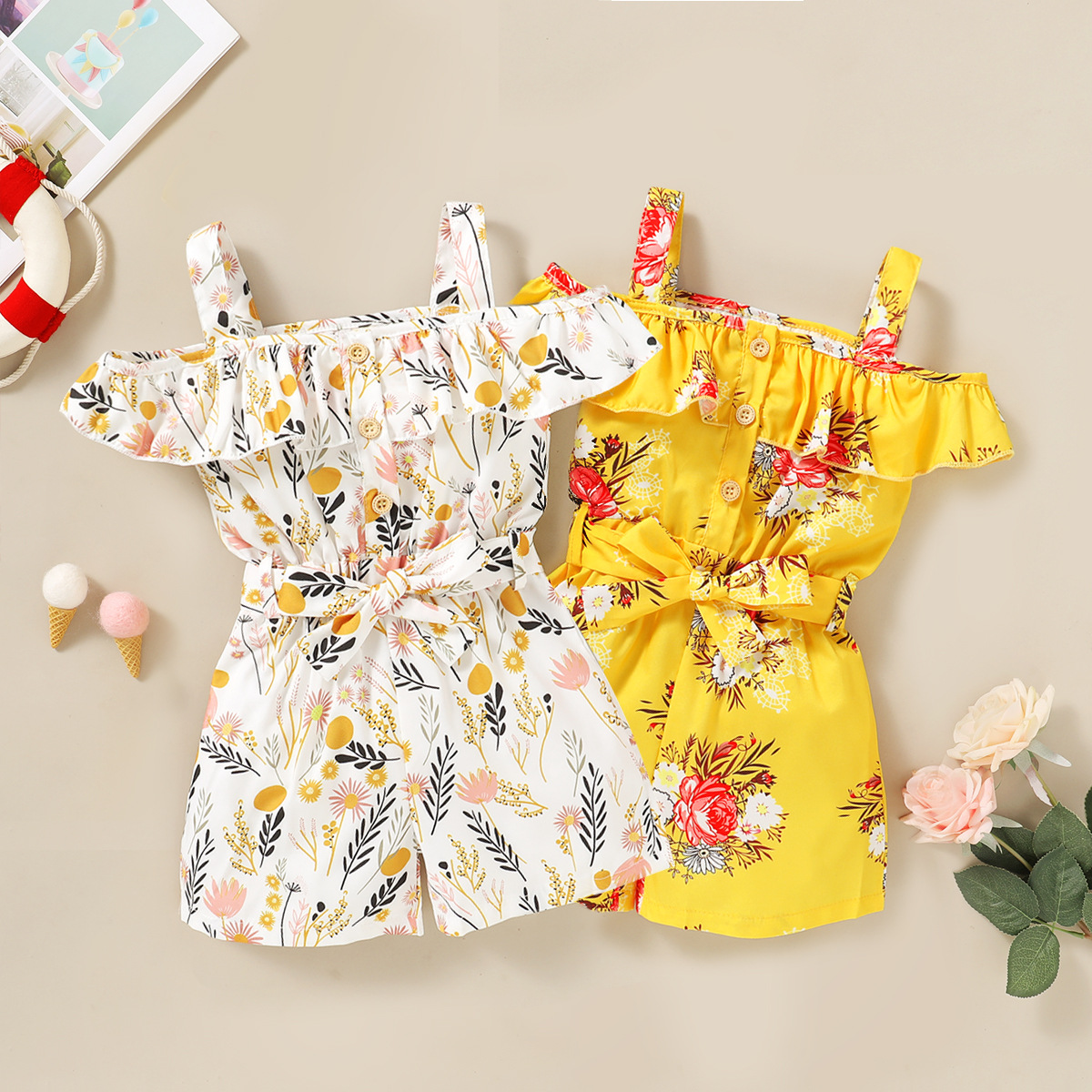 Niedliche Mode Kinderkleidung Mädchen Floral One-shoulder Sling Jumpsuits display picture 1