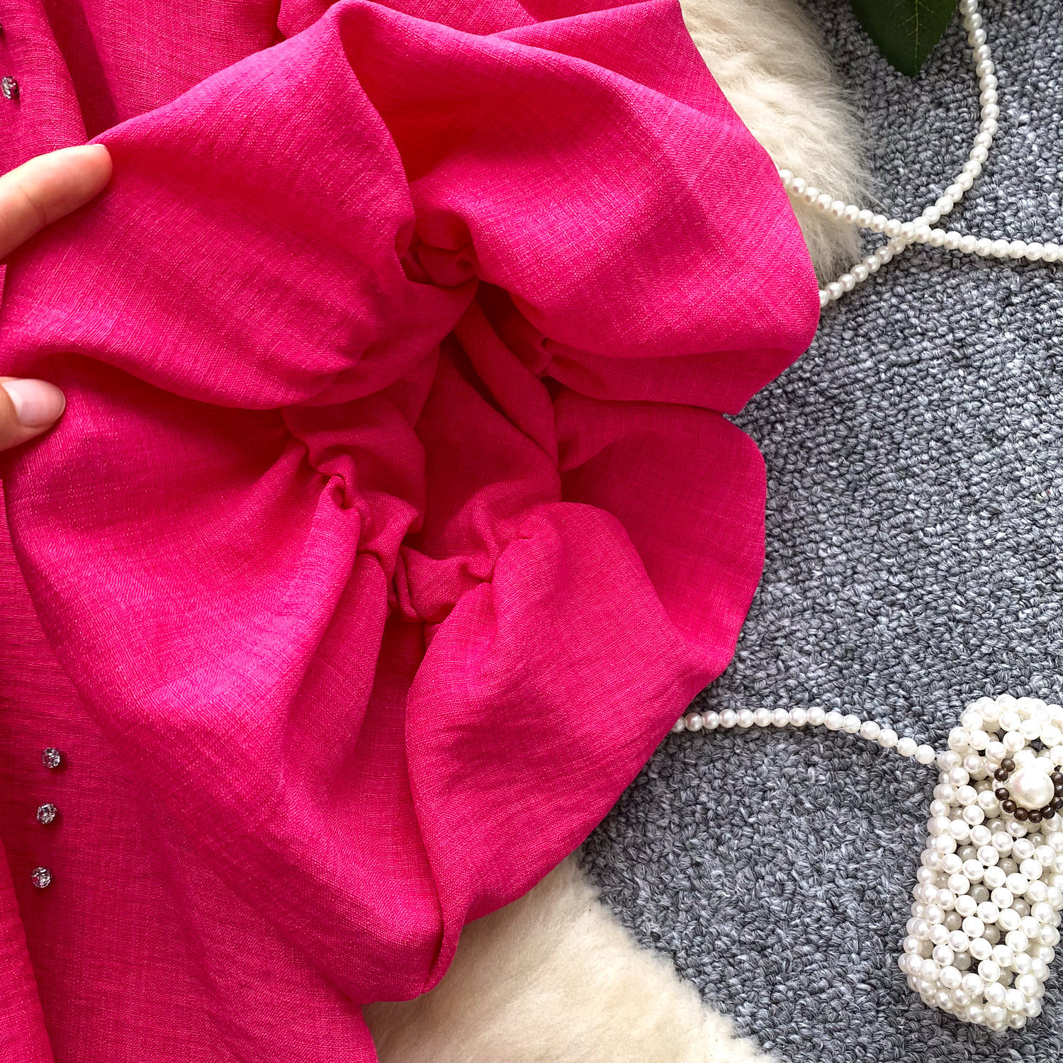 Women's French Style Rhinestone Blouse Summer Lantern Sleeve Cardigan Beaded Collar Loose Fit Versatile High End Top Heavy Duty_ecoleips.com