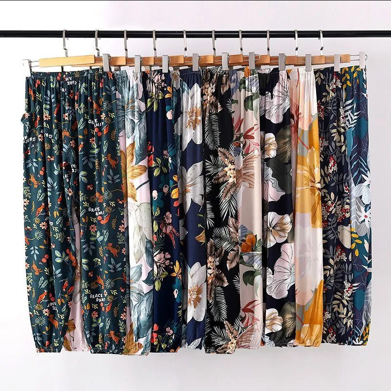 2025 Summer Women's Cotton Silk Bloomers Rayon Anti-Mosquito Pants Beach Pants Artificial Cotton Casual Loose Cotton Silk Leg Binding
