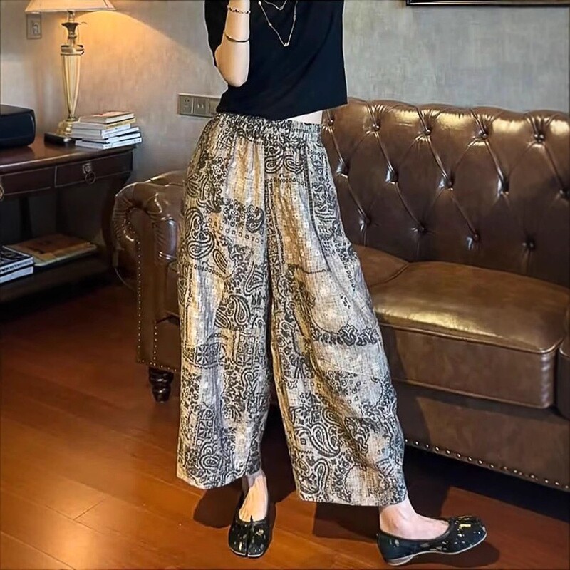 [Source Factory] Summer Vintage Print Thin Loose Wide-Leg Scimitar Pants High-Waisted Casual Versatile Cropped Pants