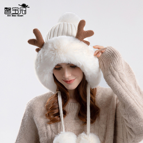9991 new style antler knitted woolen hat plush ear protection pullover hat Korean style three-hair ball thickened warm hat for women