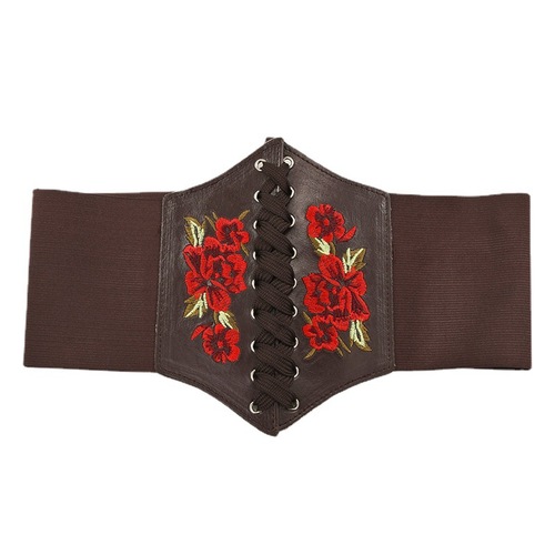 Women retro rose flowers latin ballroom dance wide waistband sashes lady fashion embroidered roses superwide lady tie-in dress elastic waist belt leather