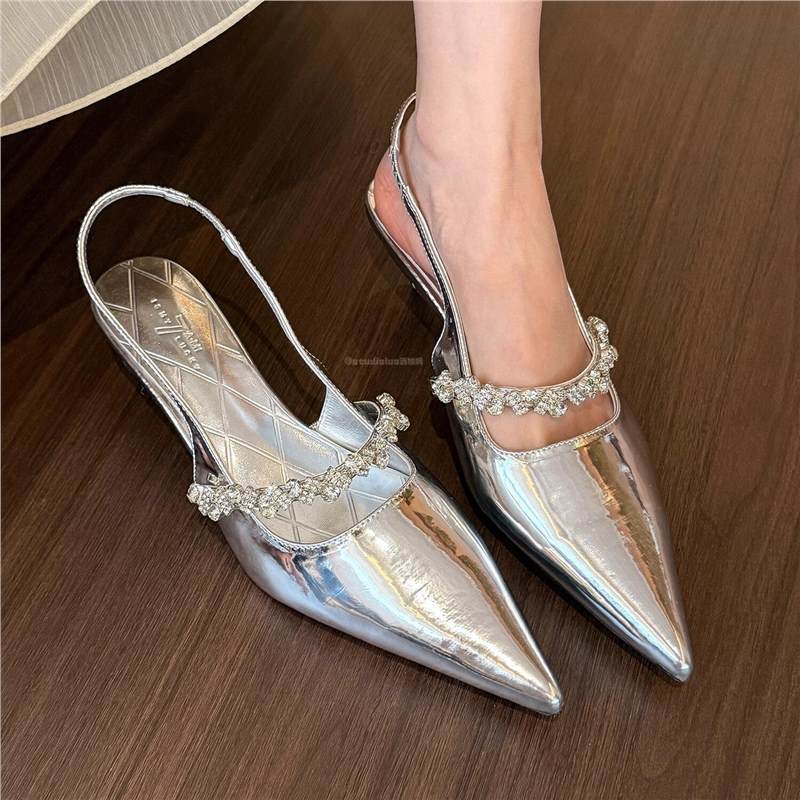 Hong Kong French-Style Pointed-Toe Rhinestone Stiletto High Heels for Women, 2026 Spring/Summer New Model, Elegant Genuine Leather Shallow Backless Sandals