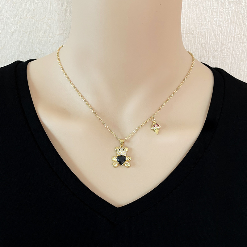 New diamond bear pendant Korean cute teddy bear ice cream combination copper necklace wholesale