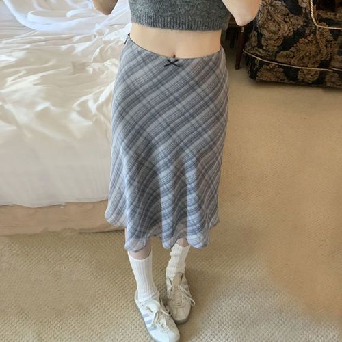 New chic French tweed retro high-waist cross-over versatile contrasting check fish-tail skirt knee-length