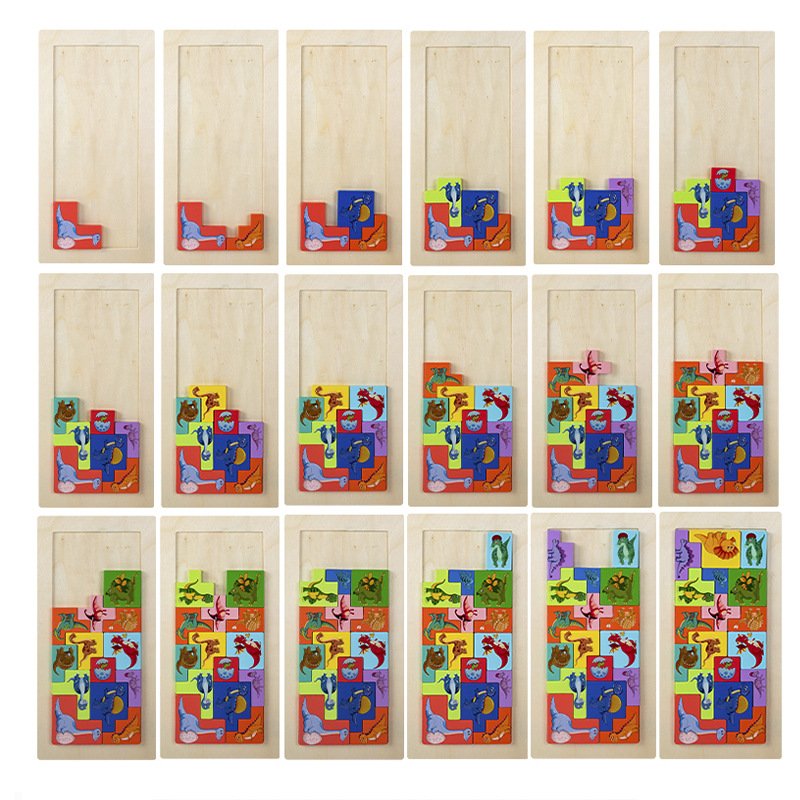Tetris niños educativos de educación temprana 3-6 años rompecabezas juguetes de madera Rompecabezas de bloques de construcción de pensamiento tridimensional de dibujos animados