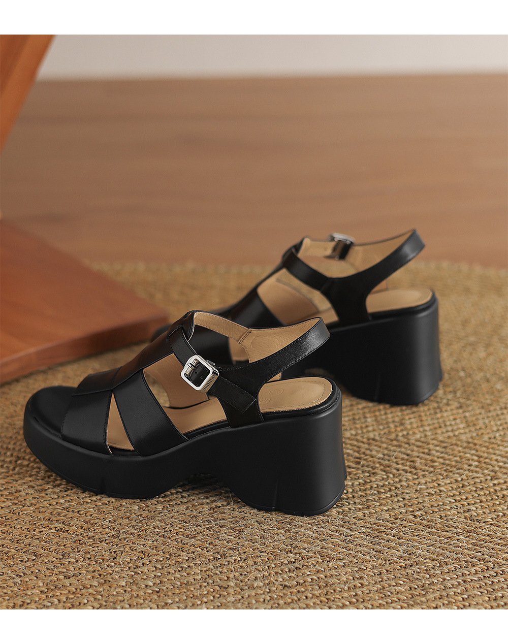 Giày sandal cao gót đế xuồng nữ phong cách La Mã, gót 9 cm, quai rỗng thoáng mát — Màu đen, Màu trắng be chi tiết 15