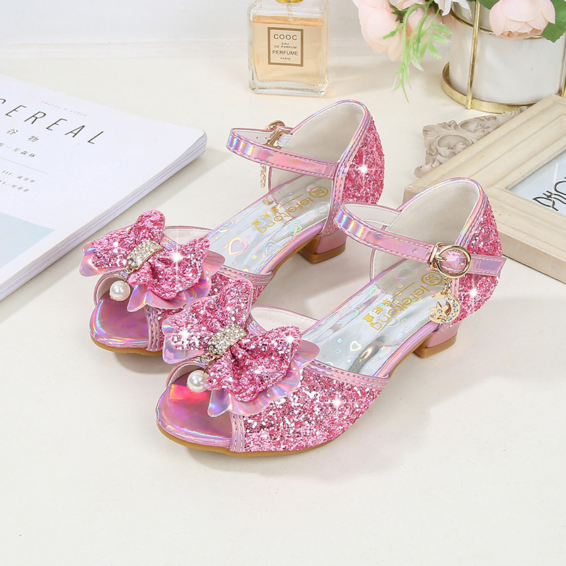 Girls Princess Shoes New Summer Baby Girl Sandals Children's Non-Slip High Heels Medium and Large Children's Fashion Bow Shoes