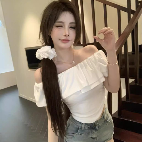 Pure Desire Ins Off-the-Shoulder Sexy Girl Revealing Shoulder Short Sleeve T-Shirt Women's New Summer Korean Version Slimming Top Women's Trendy