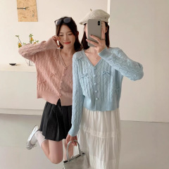 2025秋冬新款甜美蝴蝶结V领针织开衫女宽松温柔气质显瘦毛衣外套