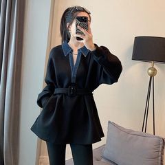 黒いデニムのつなぎ合わせとベルベットの偽の2つの港の味の復古の上着の女性の春秋の新型のヨーロッパの商品の潮